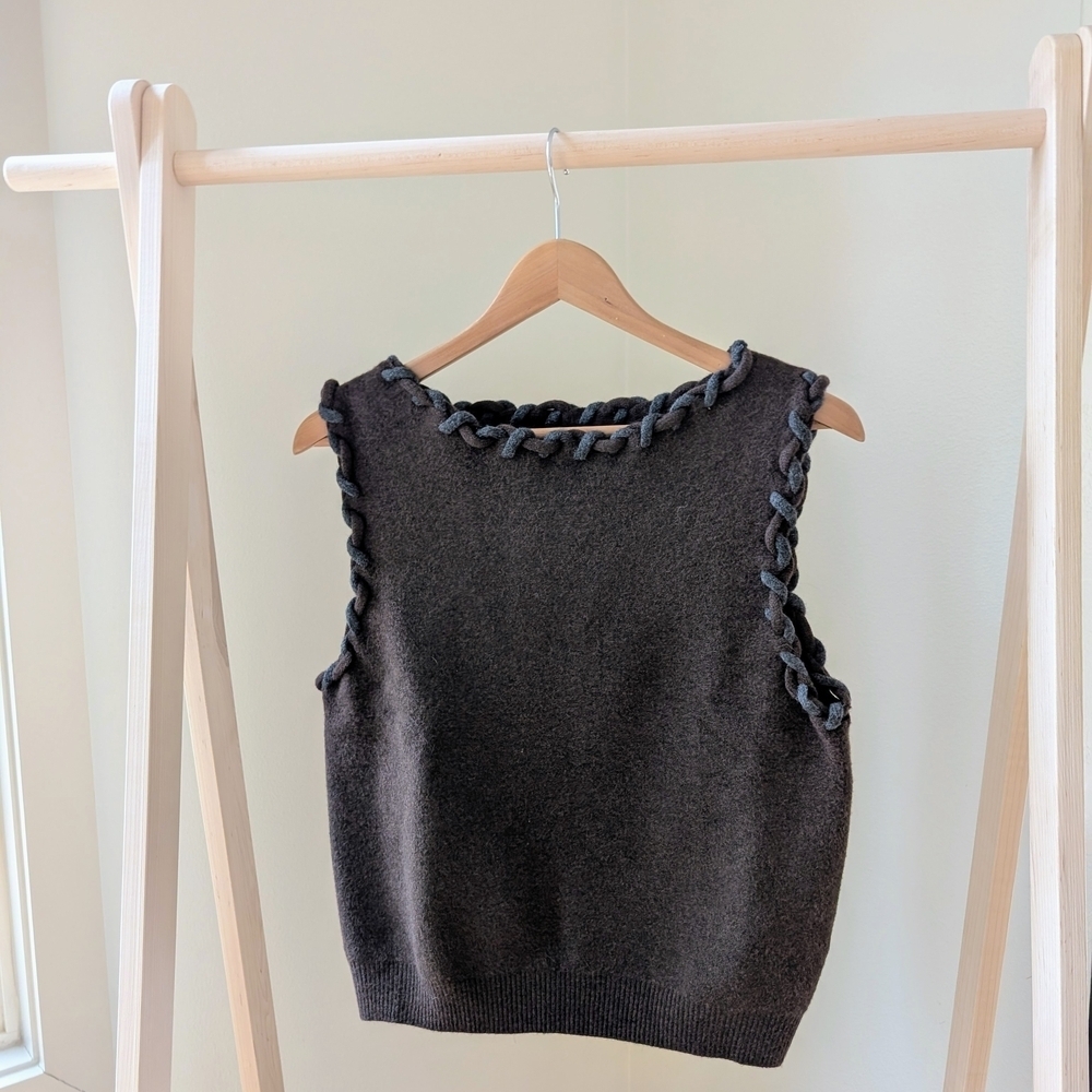 NWT Zara Interwoven Trim Knit Laine Wool Blend Cropped Tank Top In Brown - XL